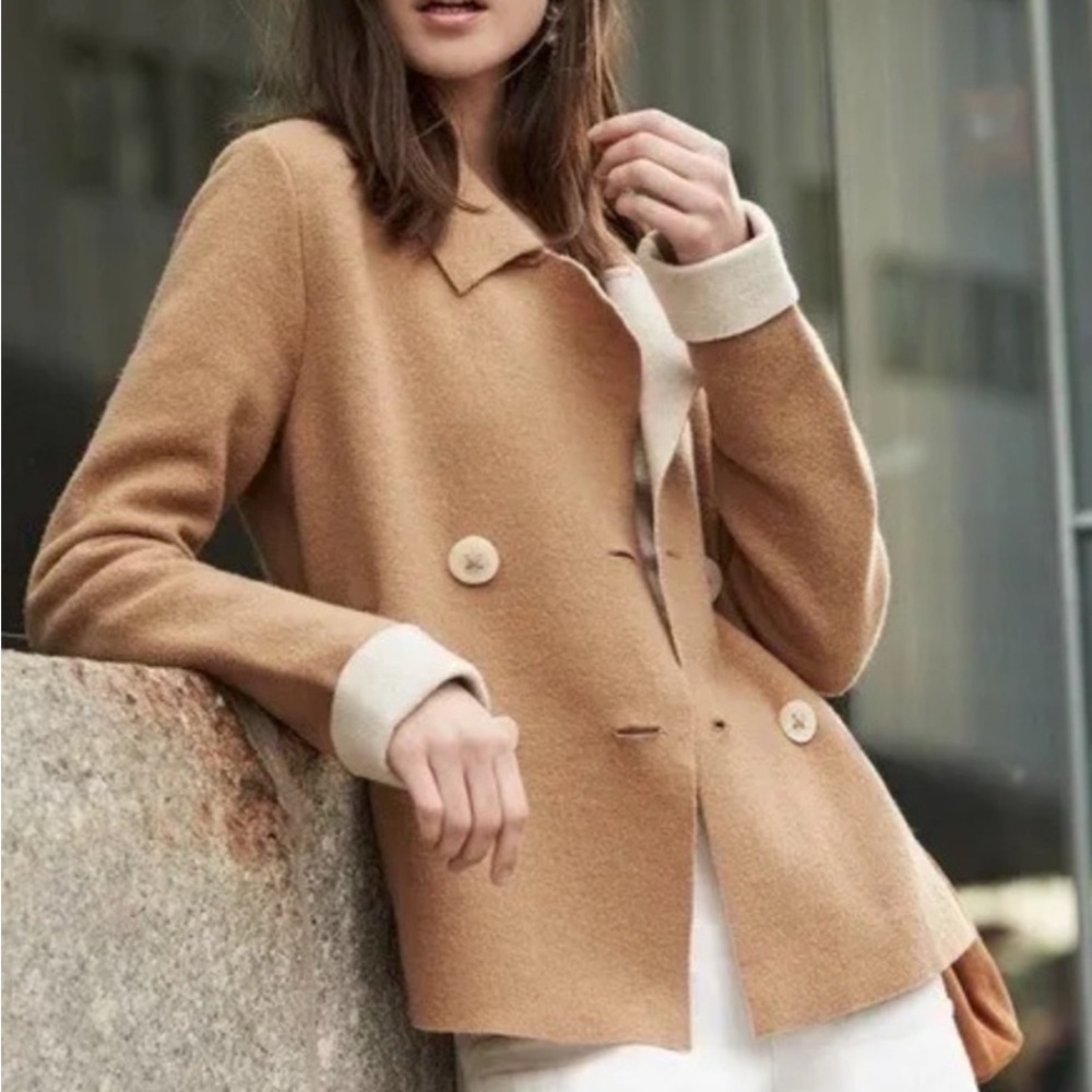 Anthropologie HWR Monogram Classic Camel Wool Blend Double Breasted Coat Size M